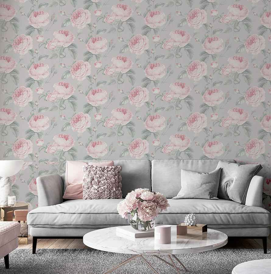 Rosaline Light Grey Floral Wallpaper - York Wallcoverings - AH251907 - York Wallcoverings Wallpaper