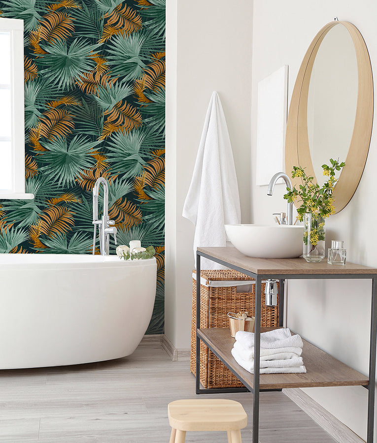esau-teal-jungle-palms-wallpaper-york-wallcoverings-ah296005 - York Wallcoverings Wallpaper