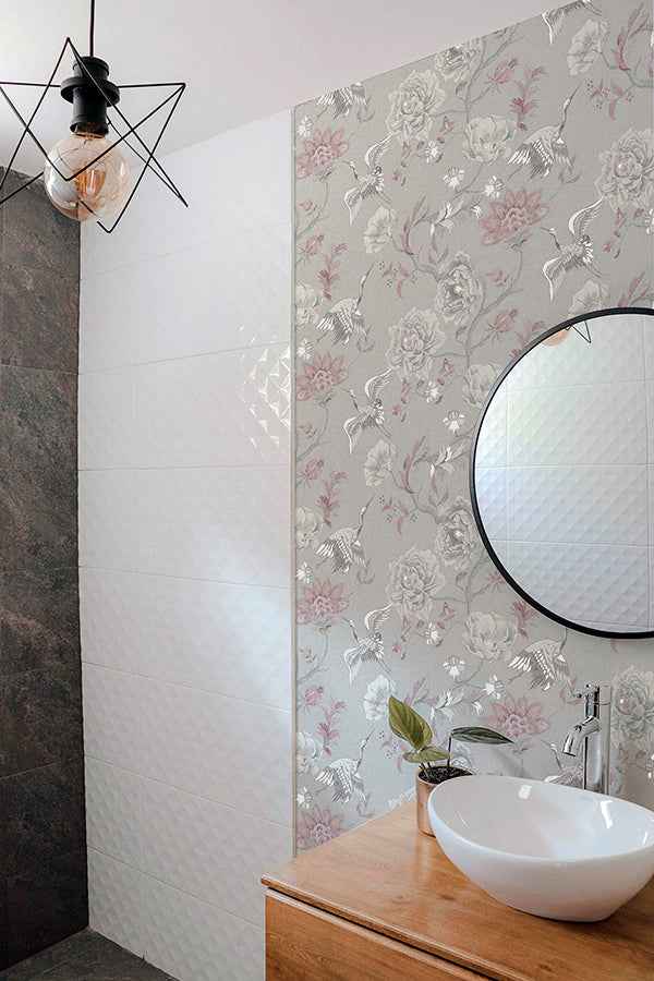 Maggie Light Grey Cranes Wallpaper - York Wallcoverings - AH297400 - York Wallcoverings Wallpaper