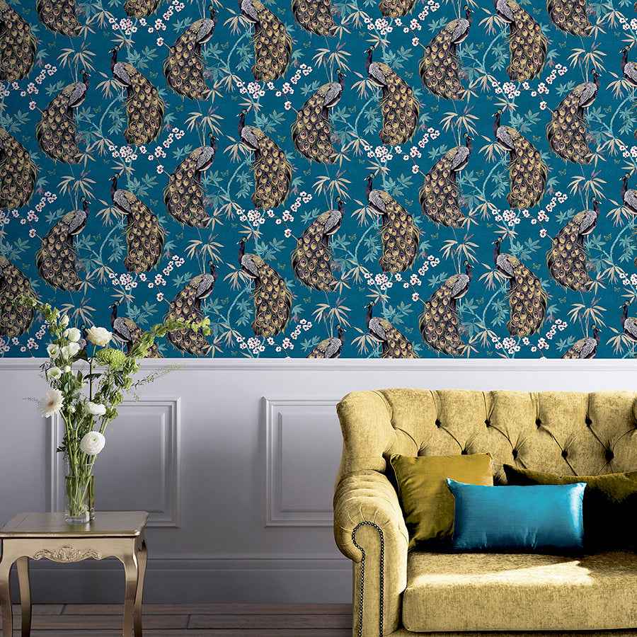 Takara Teal Opulent Peacock Wallpaper - York Wallcoverings - AH692505 - York Wallcoverings Wallpaper
