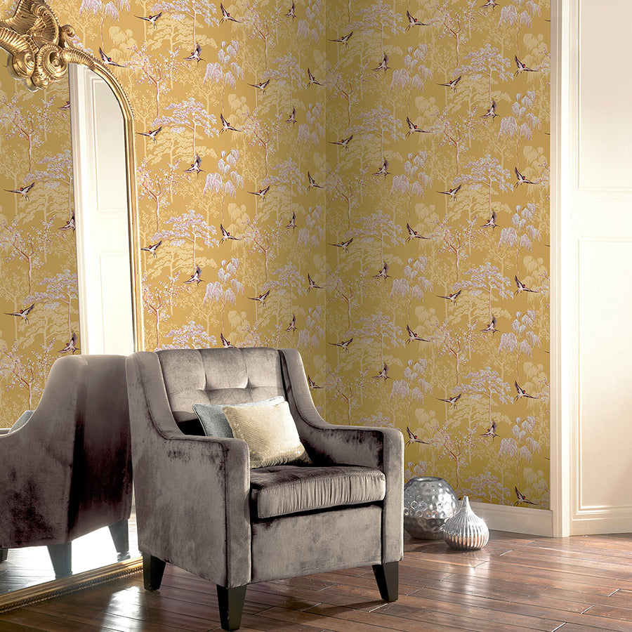 asuka-yellow-sparrow-forest-wallpaper-york-wallcoverings-ah908002 - York Wallcoverings Wallpaper