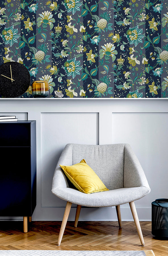 cornelia-navy-floral-stripe-wallpaper-york-wallcoverings-ah922801 - York Wallcoverings Wallpaper