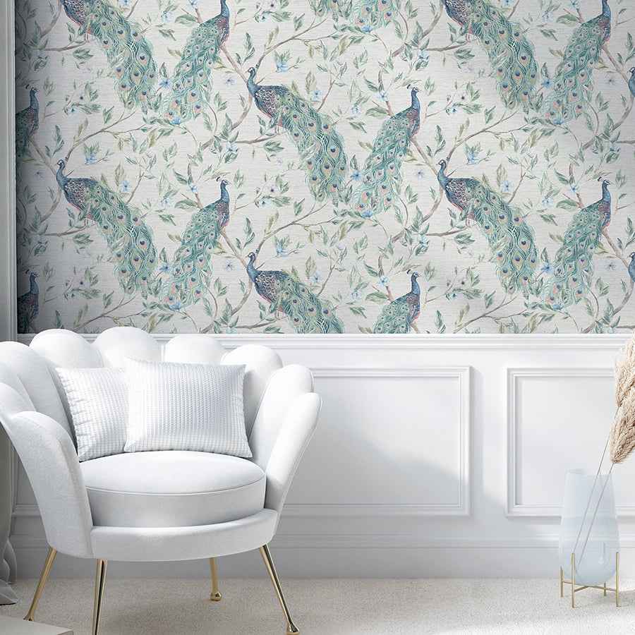 Keeka Blue Peacocks Wallpaper - York Wallcoverings - AH923708 - York Wallcoverings Wallpaper