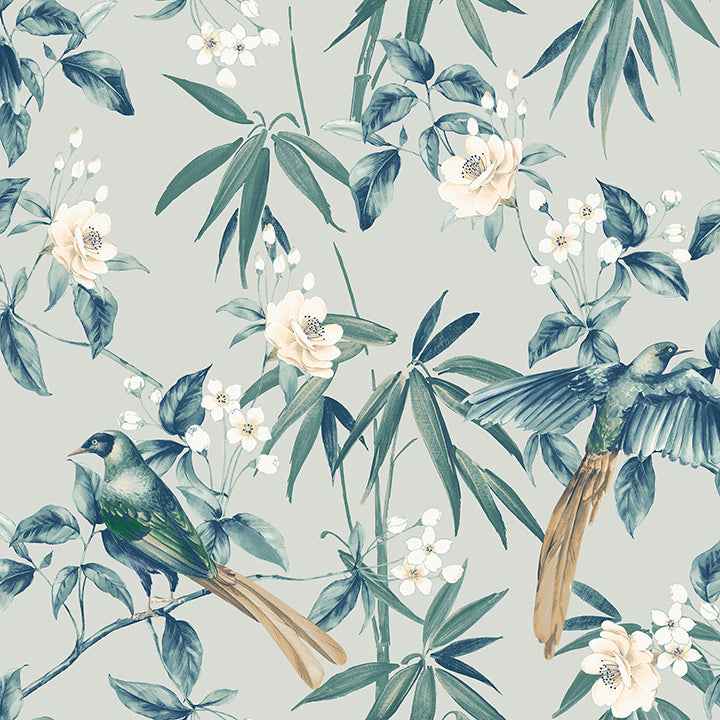 Suzume Teal Birds and Blooms Wallpaper - York Wallcoverings - AH924500 - York Wallcoverings Wallpaper