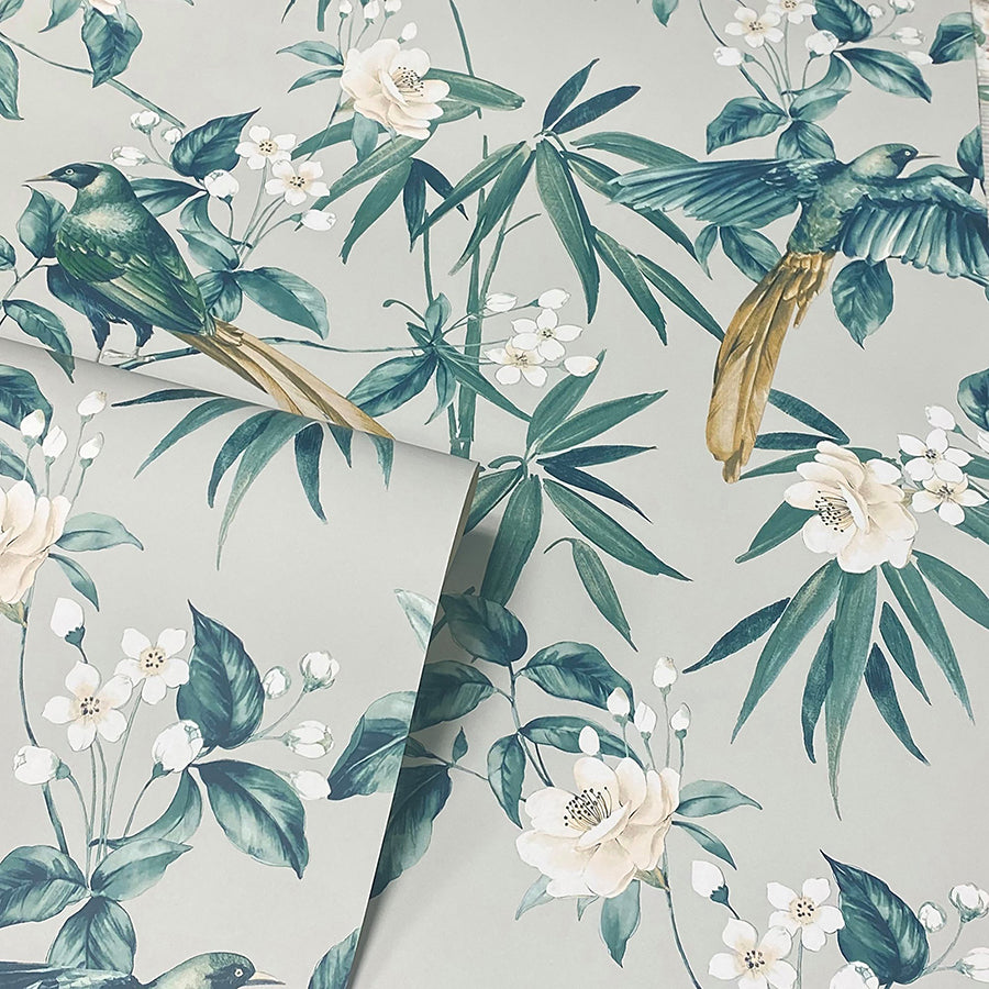 suzume-teal-birds-and-blooms-wallpaper-york-wallcoverings-ah924500 - York Wallcoverings Wallpaper