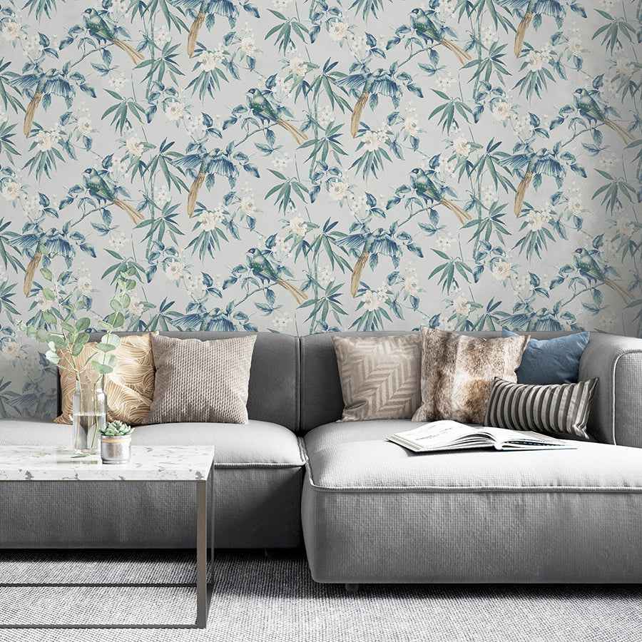 Suzume Teal Birds and Blooms Wallpaper - York Wallcoverings - AH924500 - York Wallcoverings Wallpaper