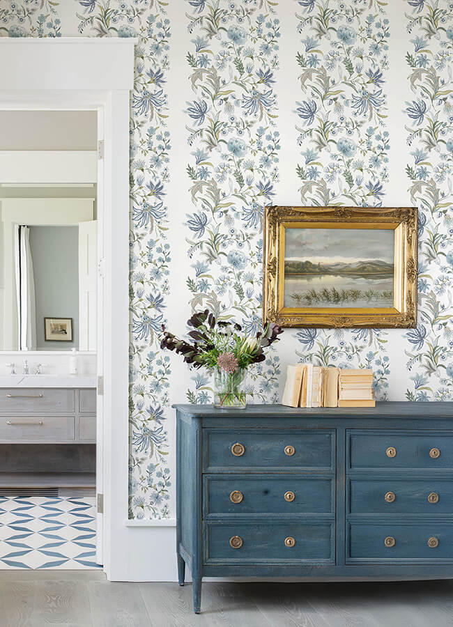 teonna-blue-floral-stripe-wallpaper-york-wallcoverings-4147-27398 - York Wallcoverings Wallpaper