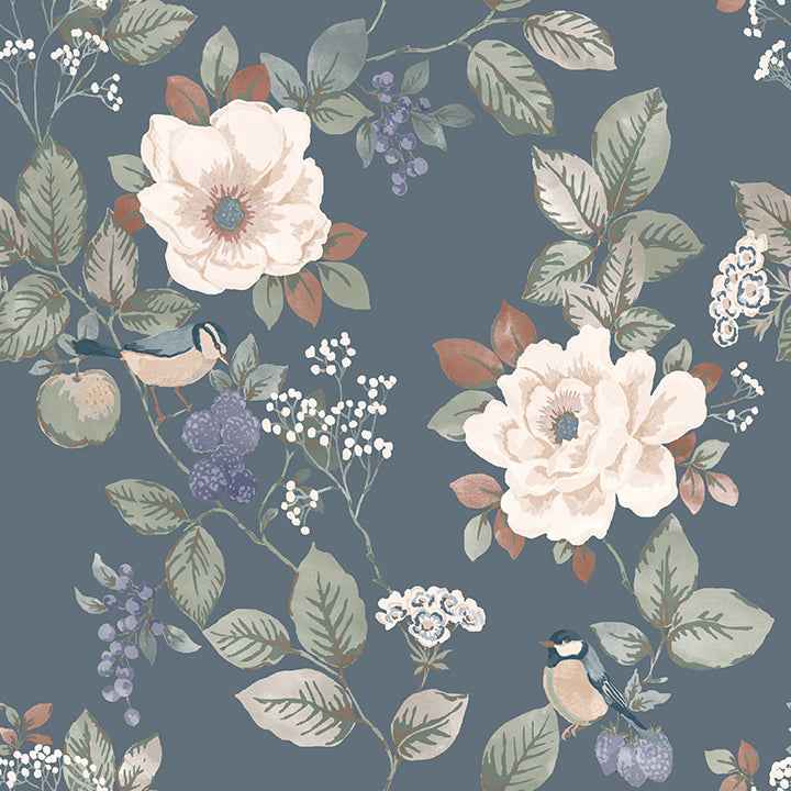 Bramble Blue Floral Wallpaper - York Wallcoverings - BG2300 - York Wallcoverings Wallpaper
