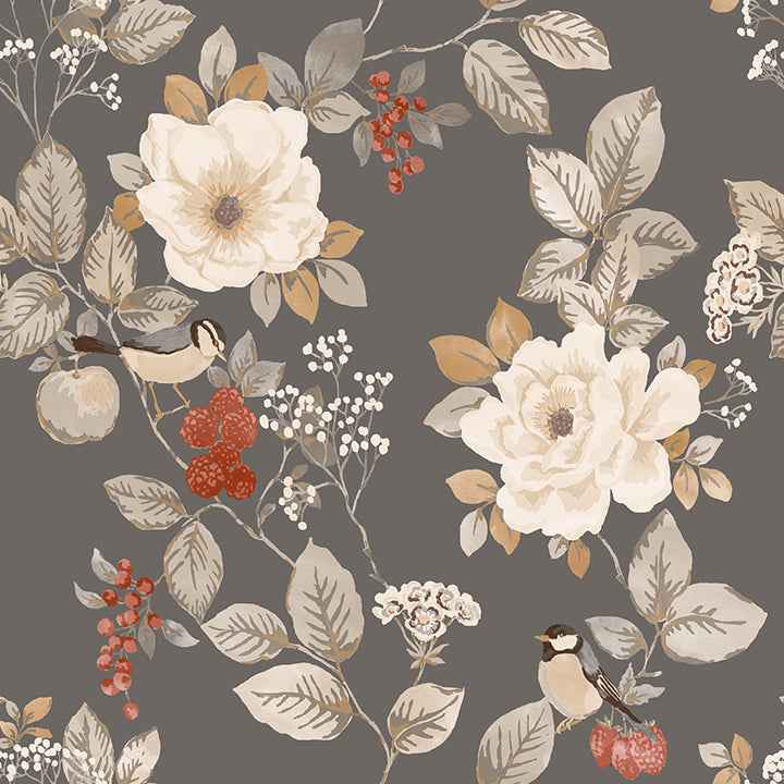 Bramble Charcoal Floral Wallpaper - York Wallcoverings - BG2303