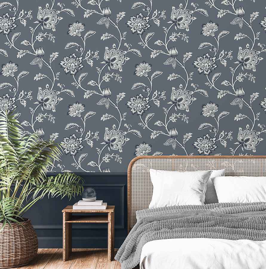 Juliette Blue Jacobean Wallpaper - York Wallcoverings - FD43453 - York Wallcoverings Wallpaper