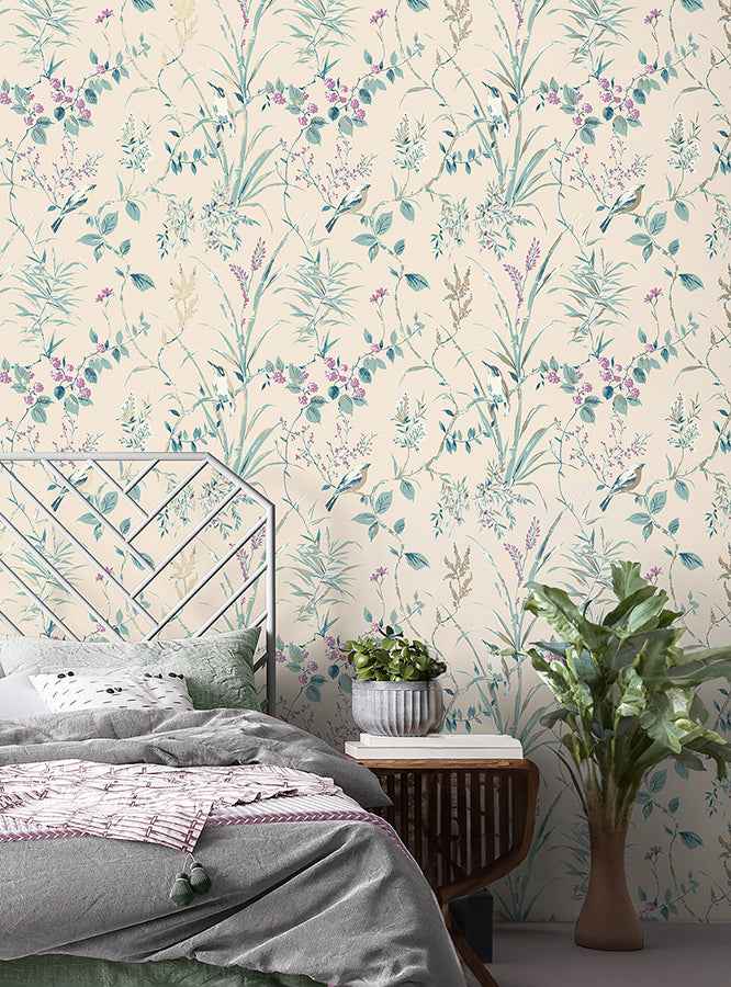 Mariko Teal Botanical Wallpaper - York Wallcoverings - M1554 - York Wallcoverings Wallpaper