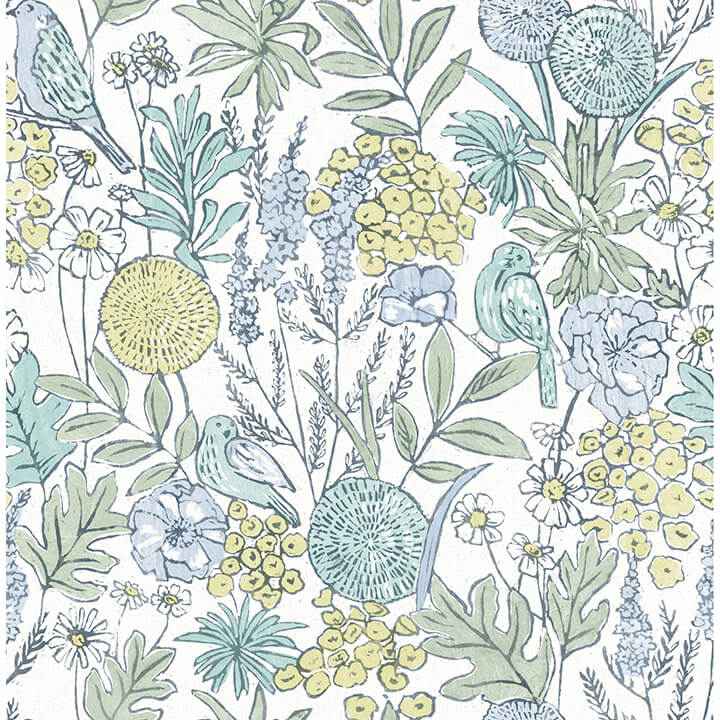 Goldfinch Aqua Birds and Blooms Wallpaper - York Wallcoverings - 4148-27413 - York Wallcoverings Wallpaper