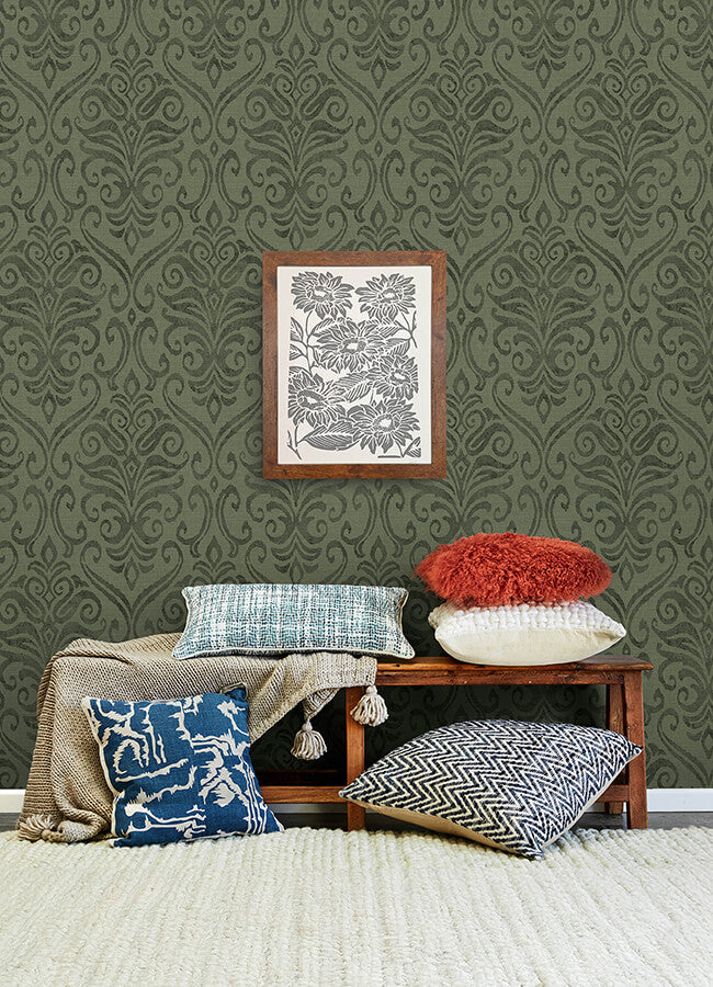 adavu-dark-green-damask-wallpaper-york-wallcoverings-4148-27440 - York Wallcoverings Wallpaper