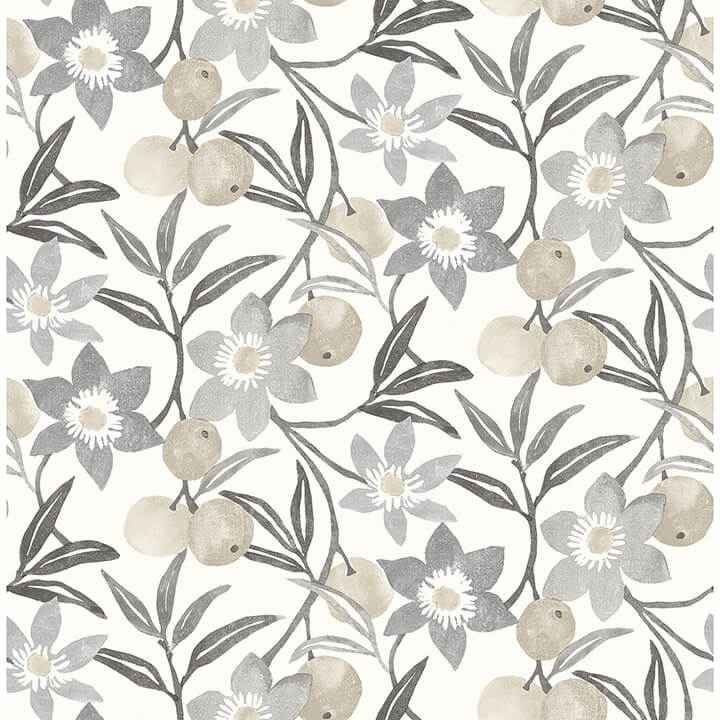 Passiflora Charcoal Fruit and Floral Wallpaper - York Wallcoverings - 4148-27451
