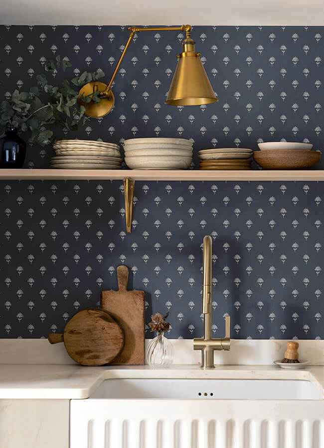 Surdiva Indigo Floral Fan Wallpaper - York Wallcoverings - 4148-27461 - York Wallcoverings Wallpaper