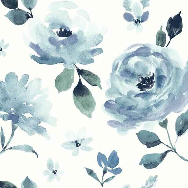 Watercolor Blooms Blue Peel & Stick Wallpaper - York Wallcoverings - PSW1074RL