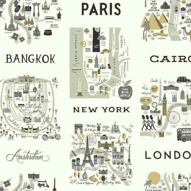 City Maps Grey & Gold Wallpaper - York Wallcoverings - RI5161 - York Wallcoverings Wallpaper