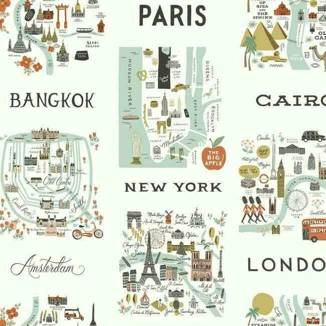 City Maps Mint Metallic Wallpaper - York Wallcoverings - RI5160