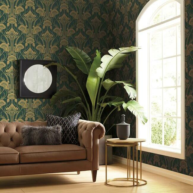 nouveau-damask-wallpaper-dark-emerald-gold-york-wallcoverings-ca1566