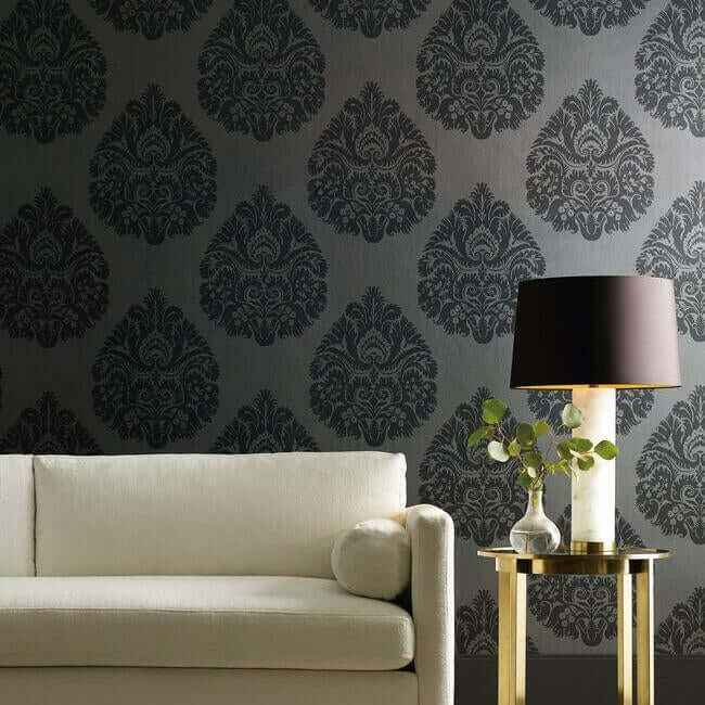 Teardrop Damask Black Wallpaper - York Wallcoverings - KT2144