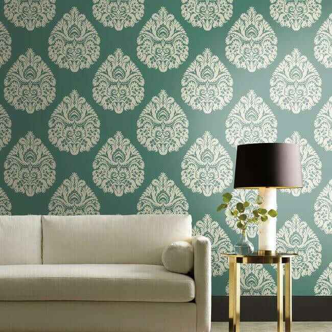 Teardrop Damask Teal Wallpaper - York Wallcoverings - KT2146