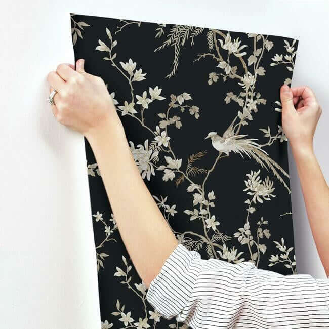 bird-blossom-chinoserie-black-wallpaper-york-wallcoverings-kt2173 - York Wallcoverings Wallpaper