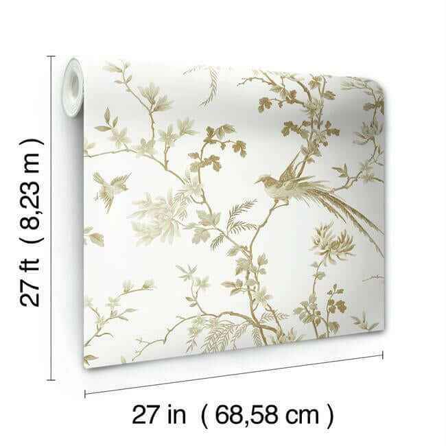 Bird & Blossom Chinoserie White & Gold Wallpaper - York Wallcoverings - KT2174 - York Wallcoverings Wallpaper