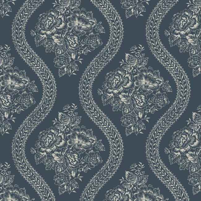 Coverlet Floral Grey & Blue Wallpaper - York Wallcoverings - MH1603
