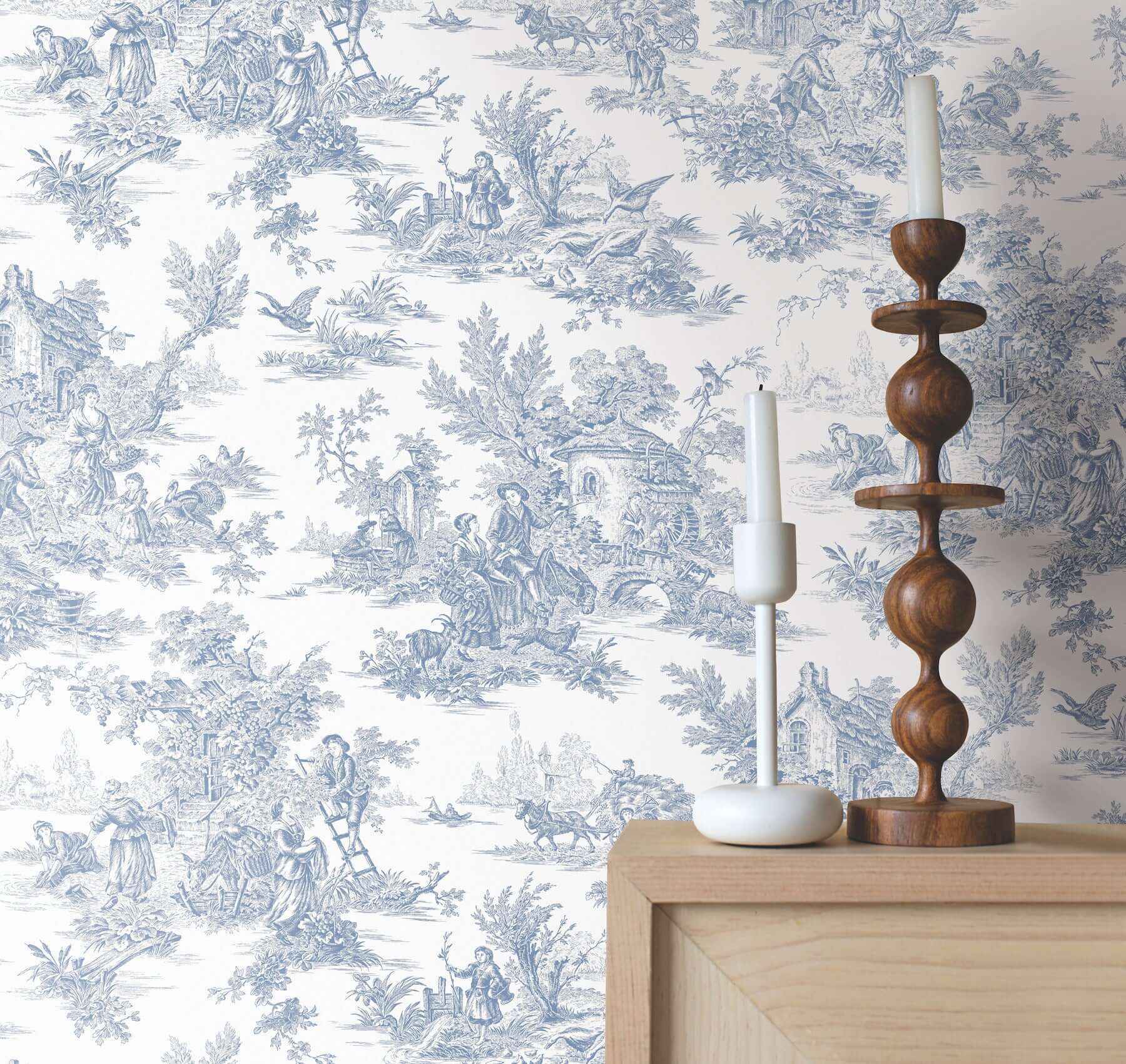 Campagne Toile Blue & White Wallpaper - York Wallcoverings - AT4229 - York Wallcoverings Wallpaper