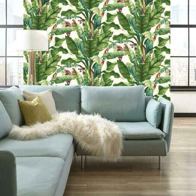 Banana Leaf Aqua & Red Wallpaper - York Wallcoverings - AT7068 - York Wallcoverings Wallpaper
