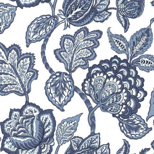 White & Blue Midsummer Jacobean Wallpaper - York Wallcoverings - CY1535
