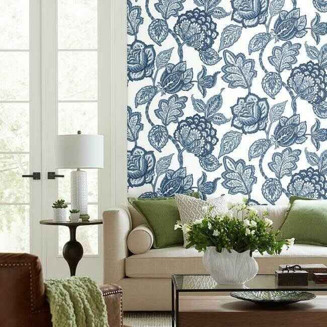 White & Blue Midsummer Jacobean Wallpaper - York Wallcoverings - CY1535 - York Wallcoverings Wallpaper