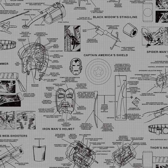 Marvels Heroes Schematics Grey & Black Wallpaper - York Wallcoverings - DI0936 - York Wallcoverings Wallpaper