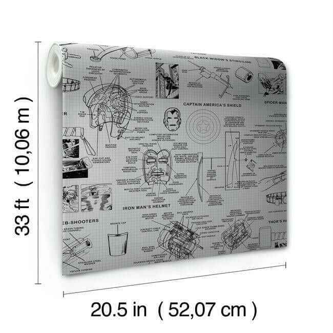 Marvels Heroes Schematics Grey & Black Wallpaper - York Wallcoverings - DI0936 - York Wallcoverings Wallpaper