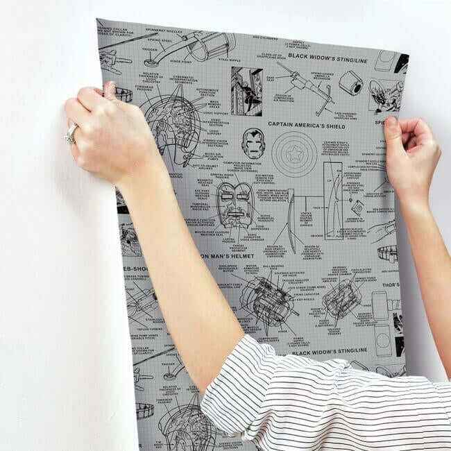 Marvels Heroes Schematics Grey & Black Wallpaper - York Wallcoverings - DI0936 - York Wallcoverings Wallpaper
