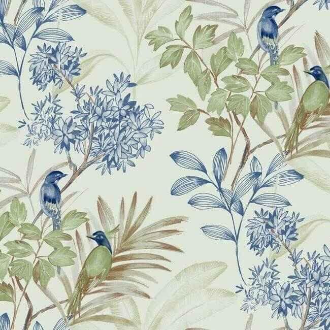 Handpainted Songbird Green & Blue Wallpaper - York Wallcoverings - TL1928