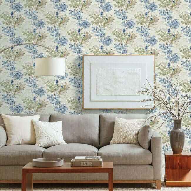 Handpainted Songbird Green & Blue Wallpaper - York Wallcoverings - TL1928 - York Wallcoverings Wallpaper