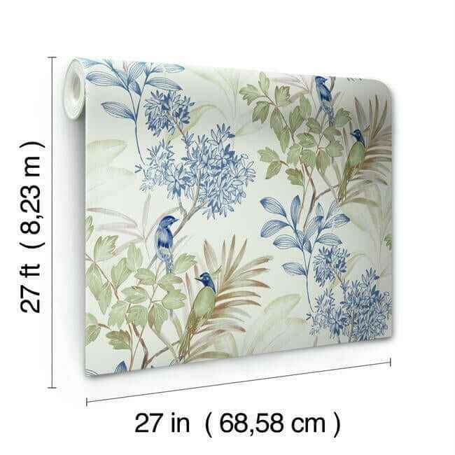 Handpainted Songbird Green & Blue Wallpaper - York Wallcoverings - TL1928 - York Wallcoverings Wallpaper