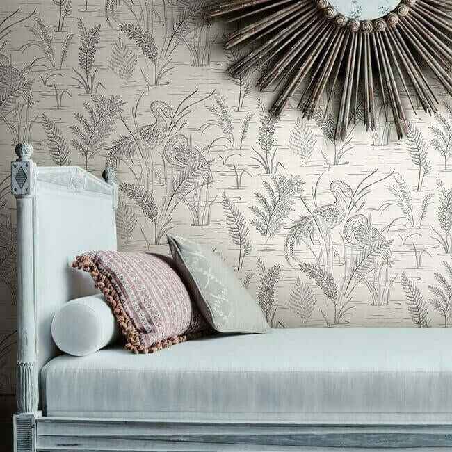 Fernwater Cranes Black & Grey Wallpaper - York Wallcoverings - GR5953