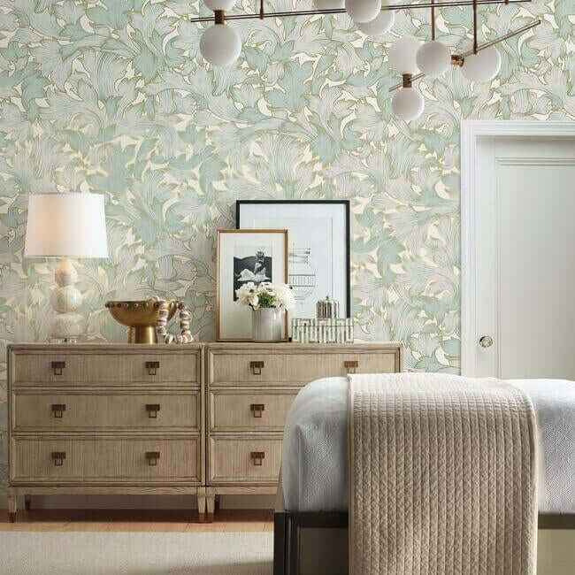 Acanthus Toss Beige & Seafoam Wallpaper - York Wallcoverings - NV5511 - York Wallcoverings Wallpaper