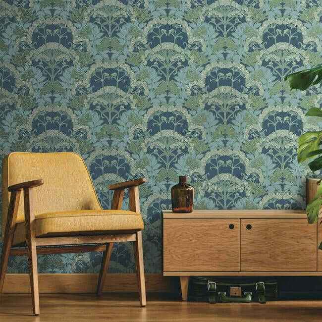 Yarrow Nouveau Blue & Green Wallpaper - York Wallcoverings - NV5558 - York Wallcoverings Wallpaper