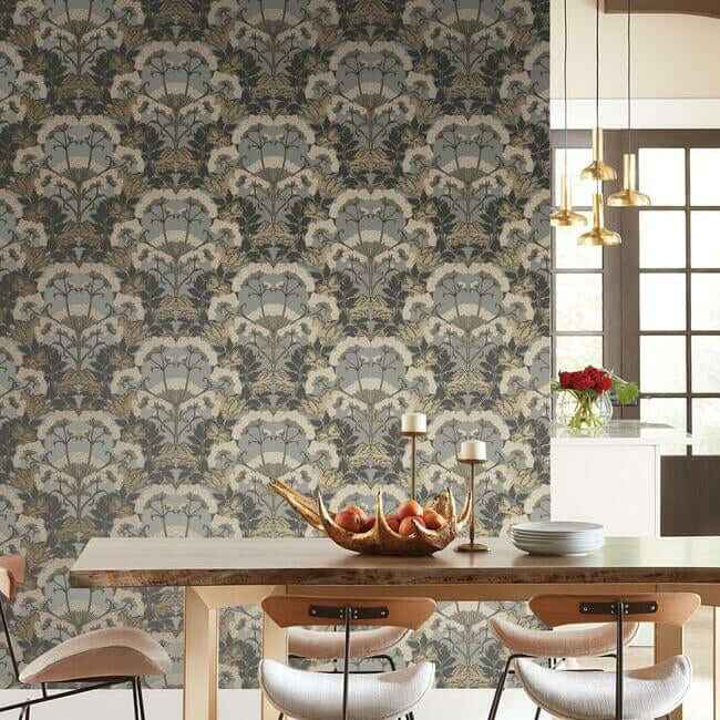 Yarrow Nouveau Charcoal & Gold Wallpaper - York Wallcoverings - NV5557 - York Wallcoverings Wallpaper