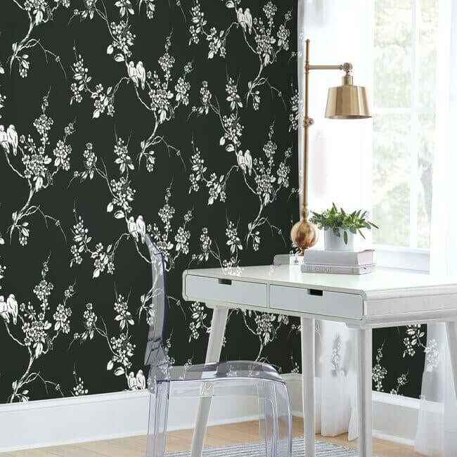 Imperial Blossoms Branch Black & White Wallpaper - York Wallcoverings - SS2589 - York Wallcoverings Wallpaper