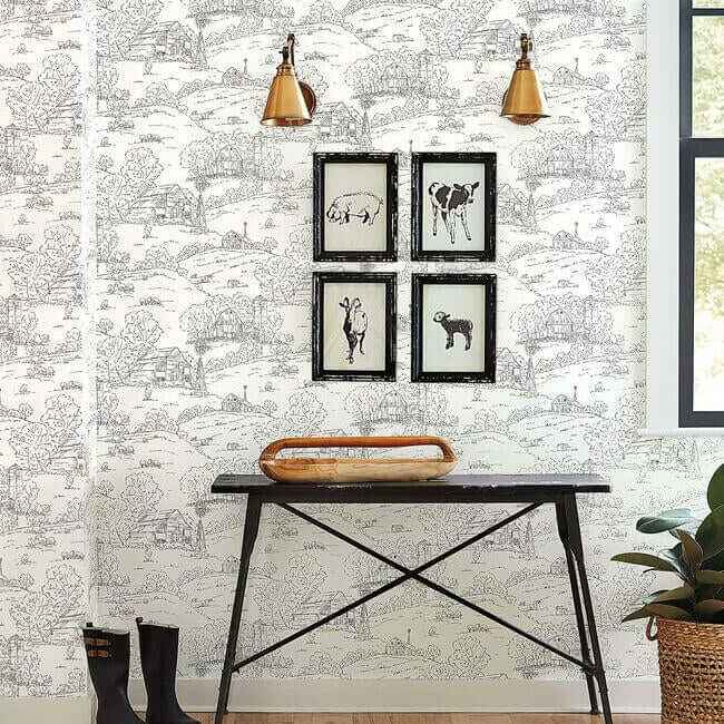 Pasture Toile Black & White Wallpaper - York Wallcoverings - FH4031 - York Wallcoverings Wallpaper