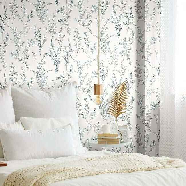 Wildflower Sprigs Blue & Green Wallpaper - York Wallcoverings - FH4027