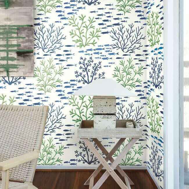 Marine Garden Green & Blue Wallpaper - York Wallcoverings - CV4404