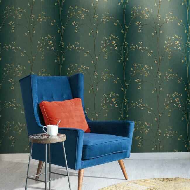 Vertical Blossoms Teal Metallic Wallpaper - York Wallcoverings - BR6224 - York Wallcoverings Wallpaper