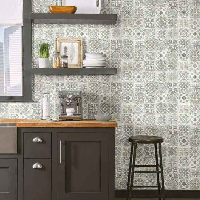 Ecaustic Tile Grey Peel & Stick Wallpaper - York Wallcoverings - PSW1301RL - York Wallcoverings Wallpaper