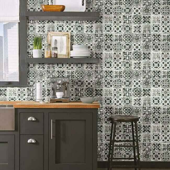 Encaustic Tile Black Peel & Stick Wallpaper - York Wallcoverings - PSW1303RL - York Wallcoverings Wallpaper
