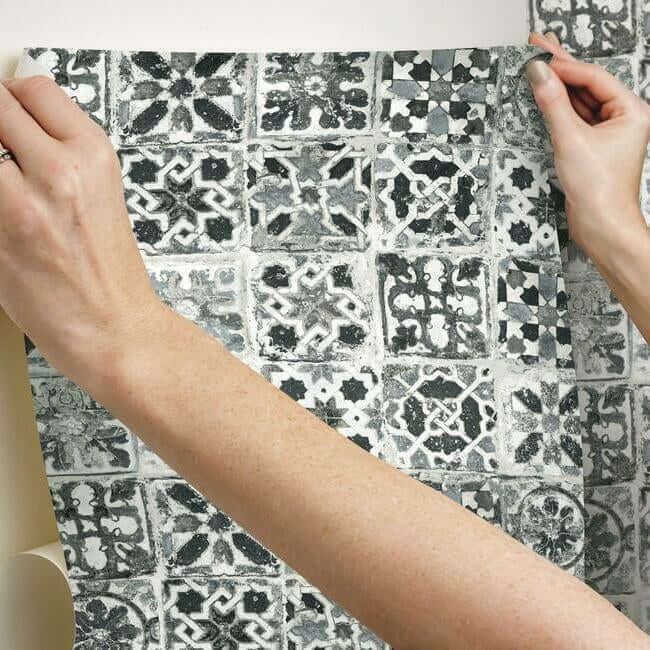 encaustic-tile-black-peel-stick-wallpaper-york-wallcoverings-psw1303rl - York Wallcoverings Wallpaper